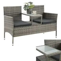 Produktbild: Juskys Polyrattan Gartenbank Monaco - 2-Sitzer Bank mit Tisch & Kissen - 133x63x84 cm - Rattan Sitzbank wetterfest Garten Balkon - grau-meliert
