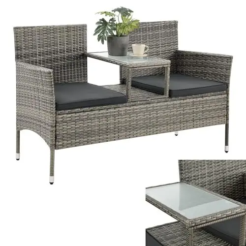 Produktbild: Juskys Polyrattan Gartenbank Monaco - 2-Sitzer Bank mit Tisch & Kissen - 133x63x84 cm - Rattan Sitzbank wetterfest Garten Balkon - grau-meliert