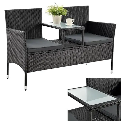 Produktbild: Juskys Polyrattan Gartenbank Monaco - 2-Sitzer Bank mit Tisch & Kissen - 133x63x84 cm - Rattan Sitzbank wetterfest Garten Balkon - schwarz