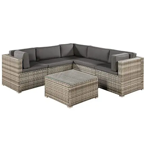 Produktbild: Juskys Polyrattan Gartenmöbel-Set Nassau wetterfest - Lounge mit Ecksofa, Tisch & Auflagen - Gartenlounge für 5 Personen - Sitzgruppe Beige-Grau