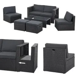 Produktbild: Juskys Polyrattan Gartenmöbel Set Salou - Outdoor Lounge wetterfest 6 Personen - Sitzecke mit Tisch & Kissen für Garten, Balkon, Terrasse - Schwarz
