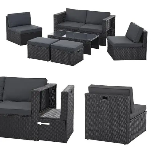 Produktbild: Juskys Polyrattan Gartenmöbel Set Salou - Outdoor Lounge wetterfest 6 Personen - Sitzecke mit Tisch & Kissen für Garten, Balkon, Terrasse - Schwarz