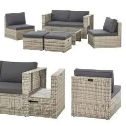 Produktbild: Juskys Polyrattan Gartenmöbel Set Salou - Outdoor Lounge wetterfest 6 Personen - Sitzecke mit Tisch & Kissen für Garten, Balkon, Terrasse - Grau