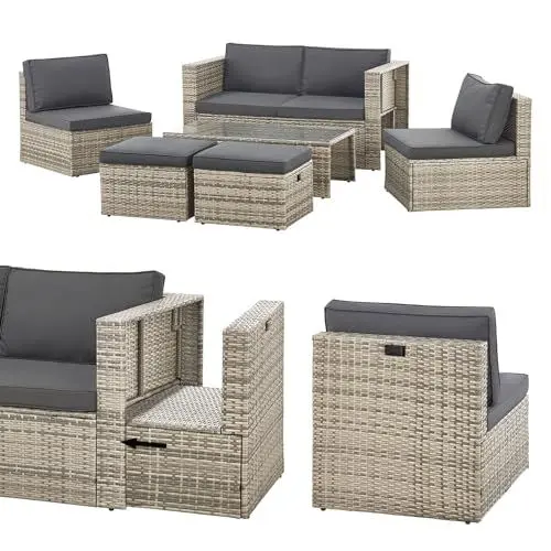 Produktbild: Juskys Polyrattan Gartenmöbel Set Salou - Outdoor Lounge wetterfest 6 Personen - Sitzecke mit Tisch & Kissen für Garten, Balkon, Terrasse - Grau