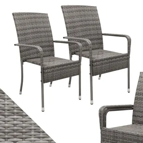 Produktbild: Juskys Polyrattan Gartenstühle Yoro 2er Set mit Armlehnen & Rückenlehne - 2 Stühle stapelbar - Rattan Stuhl Garten - Stapelstuhl Grau-meliert