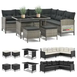 Produktbild: Juskys Polyrattan Lounge Manacor mit Ecksofa, Esstisch, 2 Hocker & Kissen - wetterfest bis 7 Personen - Bezüge waschbar - Rattan Garten Sitzgruppe Gartenlounge Gartenmöbel Set - Grau-meliert