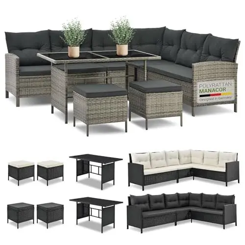 Produktbild: Juskys Polyrattan Lounge Manacor mit Ecksofa, Esstisch, 2 Hocker & Kissen - wetterfest bis 7 Personen - Bezüge waschbar - Rattan Garten Sitzgruppe Gartenlounge Gartenmöbel Set - Grau-meliert