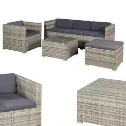 Produktbild: Juskys Polyrattan Lounge Punta Cana L für 4-5 Personen mit 3er Sofa, Sessel, Hocker, Tisch & Kissen, Sitzgruppe für Garten, Terrasse und Balkon, Gartenmöbel Set wetterfest - Grau-meliert