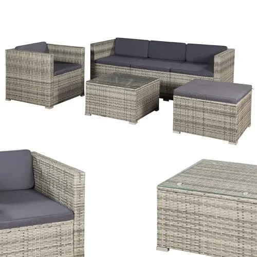 Produktbild: Juskys Polyrattan Lounge Punta Cana L für 4-5 Personen mit 3er Sofa, Sessel, Hocker, Tisch & Kissen, Sitzgruppe für Garten, Terrasse und Balkon, Gartenmöbel Set wetterfest - Grau-meliert