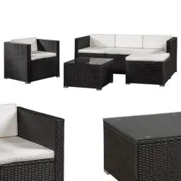 Produktbild: Juskys Polyrattan Lounge Punta Cana L für 4-5 Personen mit 3er Sofa, Sessel, Hocker, Tisch & Kissen, Sitzgruppe für Garten, Terrasse und Balkon, Gartenmöbel Set wetterfest - Schwarz/Creme
