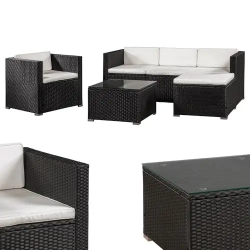 Produktbild: Juskys Polyrattan Lounge Punta Cana L für 4-5 Personen mit 3er Sofa, Sessel, Hocker, Tisch & Kissen, Sitzgruppe für Garten, Terrasse und Balkon, Gartenmöbel Set wetterfest - Schwarz/Creme