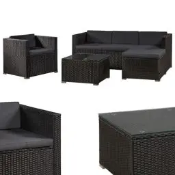Produktbild: Juskys Polyrattan Lounge Punta Cana L für 4-5 Personen mit 3er Sofa, Sessel, Hocker, Tisch & Kissen, Sitzgruppe für Garten, Terrasse und Balkon, Gartenmöbel Set wetterfest - Schwarz/Grau