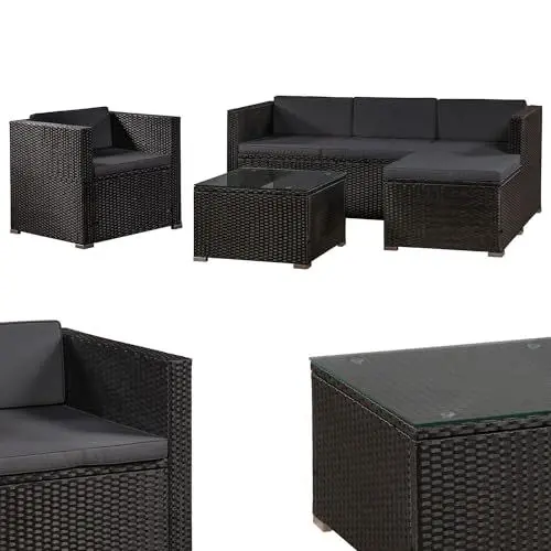 Produktbild: Juskys Polyrattan Lounge Punta Cana L für 4-5 Personen mit 3er Sofa, Sessel, Hocker, Tisch & Kissen, Sitzgruppe für Garten, Terrasse und Balkon, Gartenmöbel Set wetterfest - Schwarz/Grau