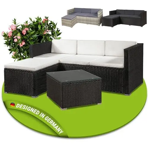 Produktbild: Juskys Polyrattan Lounge Punta Cana M für 3-4 Personen mit 3er Sofa, Sessel, Tisch & Kissen, Sitzgruppe für Garten, Terrasse und Balkon, Gartenmöbel Set wetterfest - schwarz/Creme