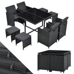 Produktbild: Juskys Polyrattan Sitzgruppe Baracoa L 9-teilig wetterfest, stapelbar - 4 Stühle, 4 Hocker, Tisch mit Glasplatte, Kissen - 8 Personen - Gartenmöbel Set für Garten, Terrasse