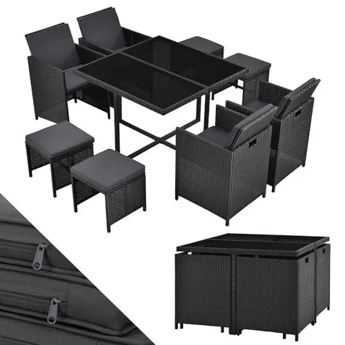 Produktbild: Juskys Polyrattan Sitzgruppe Baracoa L 9-teilig wetterfest, stapelbar - 4 Stühle, 4 Hocker, Tisch mit Glasplatte, Kissen - 8 Personen - Gartenmöbel Set für Garten, Terrasse