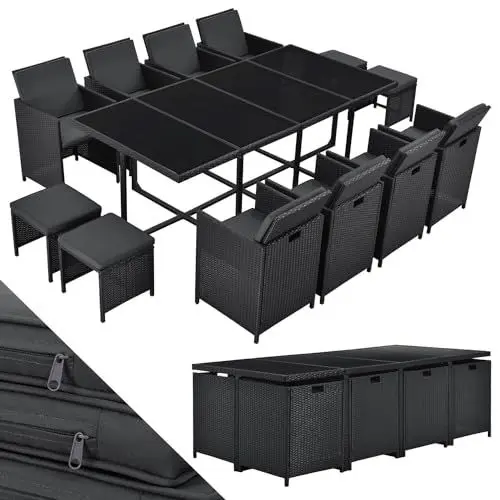 Produktbild: Juskys Polyrattan Sitzgruppe Baracoa XXL 13-teilig wetterfest & stapelbar - 8 Stühle, 4 Hocker, Tisch mit Glasplatte & Kissen - 12 Personen - Gartenmöbel Set für Garten & Terrasse