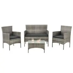 Produktbild: Juskys Polyrattan Sitzgruppe Fort Myers 4 Personen mit 2er Sofa, 2 Stühle, Tisch & Sitzkissen wetterfest grau-meliert Balkonmöbel Gartenmöbel Set