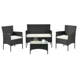 Produktbild: Juskys Polyrattan Sitzgruppe Fort Myers 4 Personen mit 2er Sofa, 2 Stühle, Tisch & Sitzkissen wetterfest schwarz/Creme Balkonmöbel Gartenmöbel Set