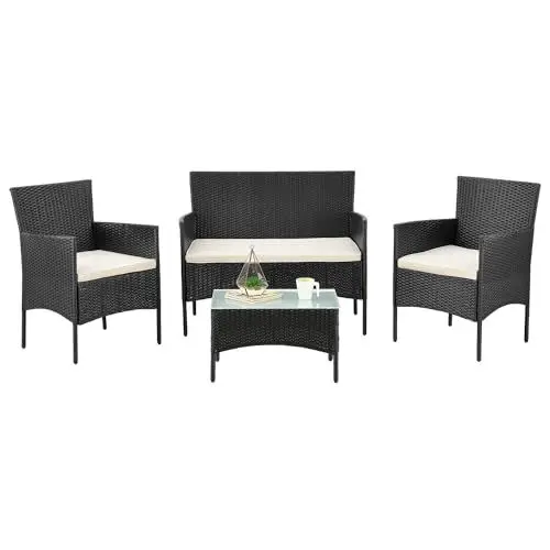 Produktbild: Juskys Polyrattan Sitzgruppe Fort Myers 4 Personen mit 2er Sofa, 2 Stühle, Tisch & Sitzkissen wetterfest schwarz/Creme Balkonmöbel Gartenmöbel Set