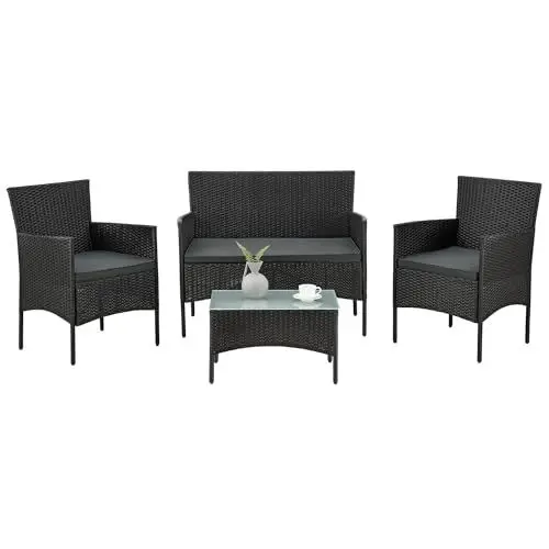 Produktbild: Juskys Polyrattan Sitzgruppe Fort Myers 4 Personen mit 2er Sofa, 2 Stühle, Tisch & Sitzkissen wetterfest schwarz/grau Balkonmöbel Gartenmöbel Set