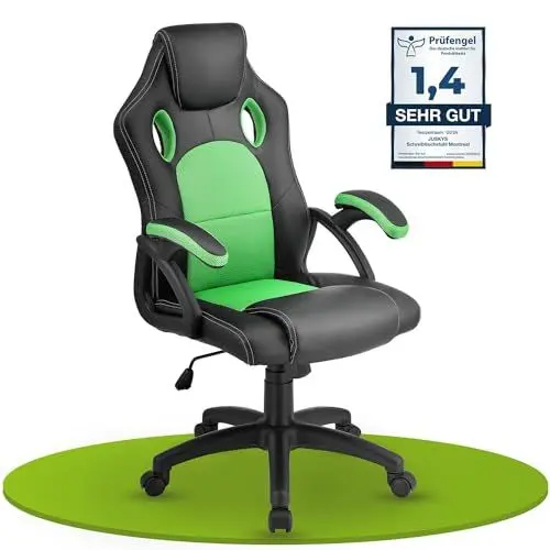 Produktbild: Juskys Racing Schreibtischstuhl Montreal ergonomisch höhenverstellbar & gepolstert 120 kg belastbar Bürostuhl Drehstuhl PC Gaming Stuhl - grün