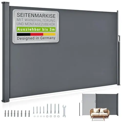 Produktbild: Juskys Seitenmarkise Dubai 200 x 300 cm ausziehbar Blickdicht, Sichtschutz für Balkon & Terrasse, Seitenrollo mit Wandhalterung - grau
