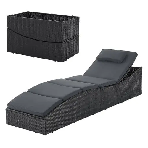 Produktbild: Juskys Sonnenliege Lamia klappbar - Polyrattan Gartenliege mit Auflage, Kopfteil verstellbar, 160 kg belastbar - Garten Balkon Outdoor Liege Schwarz