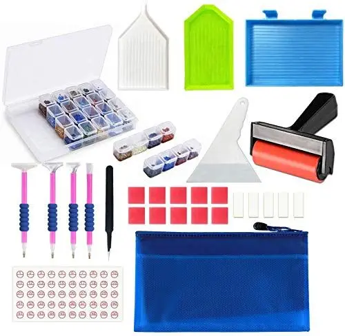 Produktbild: JUSONEY Diamond Painting Zubehör - 33 Stück DIY Diamond Painting Werkzeug Set mit 28 Slots Diamant Malerei Stickerei Box,Keramik Pinzette,Stift,Taschen,Klebeton,Kunststoffschale (with Roller)