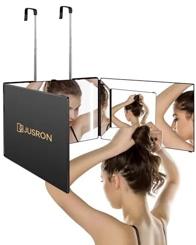 Produktbild: JUSRON 360 Grad Spiegel mit Licht, Klappspiegel 3 Teilig Haare Selbst Schneiden, Höhenverstellbarer&Wiederaufladbarer Kosmetikspiegel Rasierspiegel Friseurspiegel für Makeup Rasieren Frisieren