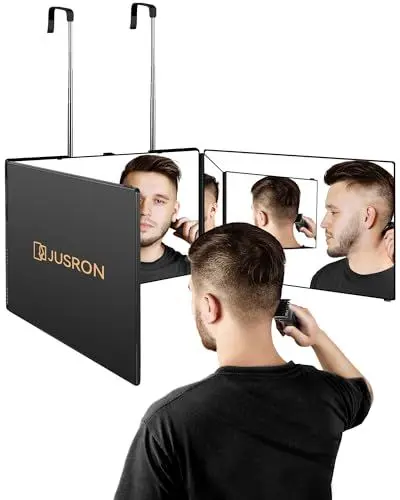 Produktbild: JUSRON 360 Grad Spiegel zum Aufhängen - Klappspiegel 3 Teilig Spiegel Haare Selbst Schneiden, Höhenverstellbarer Kosmetikspiegel Rasierspiegel Friseurspiegel für Makeup Rasieren Frisieren-Ohne LED
