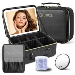 Produktbild: JUSRON Make-up Tasche mit Spiegel-3 Farben LED Licht, Reise Kosmetiktasche mit LED Spiegel, Tragbare Schminktasche mit Verstellbaren Trennwänden, Kosmetikkoffer mit Make-up-Pinsel-Aufbewahrung