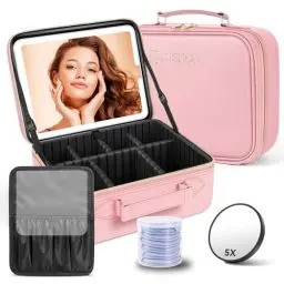 Produktbild: JUSRON Make-up Tasche mit Spiegel-3 Farben LED Licht, Reise Kosmetiktasche mit LED Spiegel, Tragbare Schminktasche mit Verstellbaren Trennwänden, Kosmetikkoffer mit Make-up-Pinsel-Aufbewahrung(Rosa)