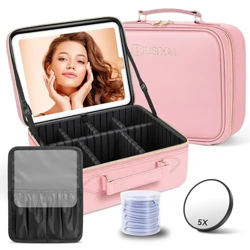 Produktbild: JUSRON Make-up Tasche mit Spiegel-3 Farben LED Licht, Reise Kosmetiktasche mit LED Spiegel, Tragbare Schminktasche mit Verstellbaren Trennwänden, Kosmetikkoffer mit Make-up-Pinsel-Aufbewahrung(Rosa)