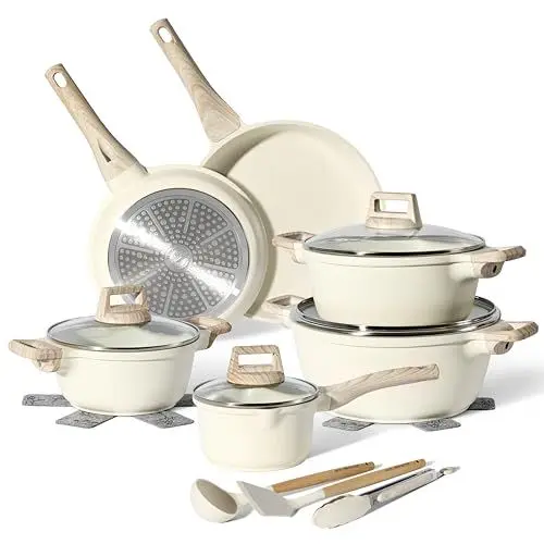 Produktbild: JUST PERFECTO Topf und Pfannenset Induktion - Pfannenset mit deckel - Induktions Töpfe Set - Töpfe und pfannen set ohne PTFE und PFOA - Kochtopfset induktion (15-Teilig Beige)