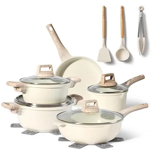 Produktbild: JUST PERFECTO Topfset Induktion - Pfannenset mit deckel - Pfanne 24cm, Bratpfanne 28 cm - kochtopf set 28cm antihaft pfanne ohne ptfe und pfoa (14-Teilig Beige)