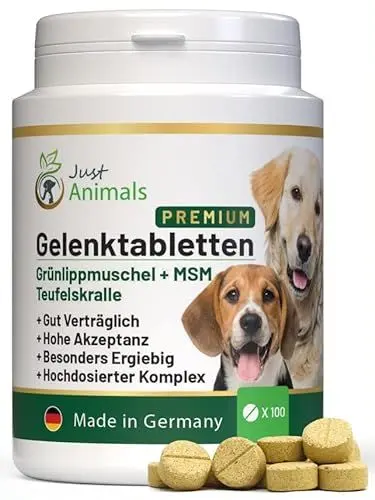 Produktbild: Just Animals Gelenktabletten für Hunde mit Grünlippmuschel, Teufelskralle, MSM, Glucosamin, Chondroitin, Bierhefe, Curcuma Extrakt (100 Tabletten) | Für alle Rassen