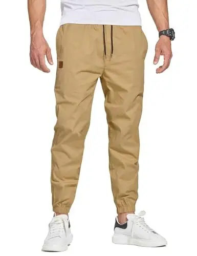 Produktbild: JustSun Chino Hosen Herren Baumwolle Freizeithose Herren Jogginghose Herren Trainingshose Sporthose Männer Lang mit Kordelzug Casual Hose mit Taschen Khaki M