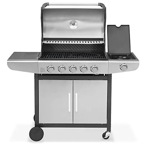 Produktbild: JUSTUS Gasgrill Ares Pro, 5 Hauptbrenner, 1 Seitenbrenner – Grill mit Piezozündung, Unterschrank, Seitentischen, Guss-Grillrost, 133 x 57 x 112 cm, Schwarz/Edelstahl