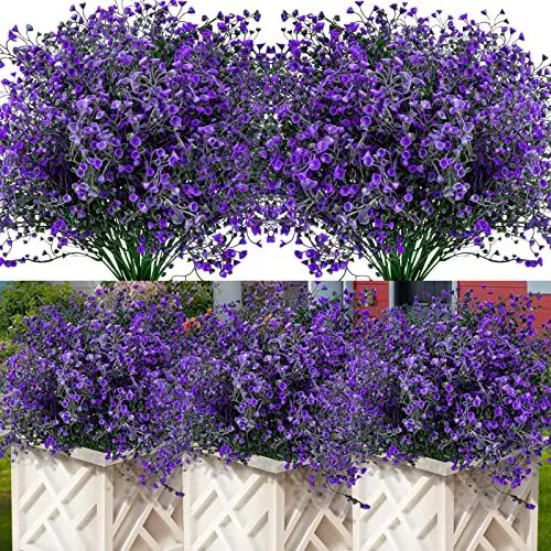 Produktbild: Jusvenmt 12 Bündel Künstliche Blumen Außen Kunstblumen Wetterfeste Balkonpflanzen Künstliche Sträucher Büsche UV-beständig Kunstpflanzen für Innen Außenbereich Balkon Garten Balkonkasten, Lila