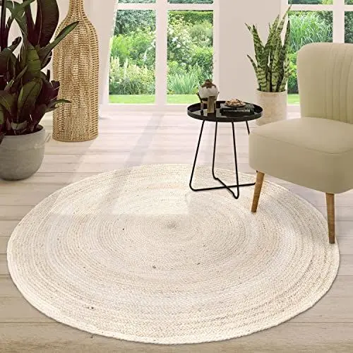 Produktbild: TT Home Jute Teppich Rund Wohnzimmer Esszimmer Boho Modern Handgemacht Mit Umrandung, Farbe:Weiß, Größe:160 cm Rund