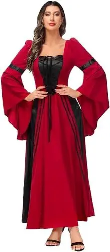 Produktbild: Jutrisujo Kleider Damen Mittelalter Kleid Trompetenärmel Bodenlanges Retro Kostüm Gewand Gothic Renaissance Viktorianisches Prinzessin Kleidung Hexenkostüm Weinrot L
