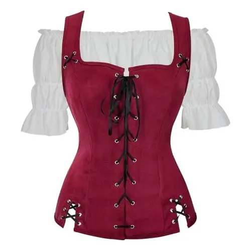 Produktbild: Jutrisujo Mittelalter Kleidung Renaissance Weste Bluse 2PCS Set Damen Pirat Kostüm Wikinger Gothic Mantel Steampunk Sexy Cosplay Weinrot M