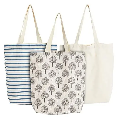 Produktbild: Juvale Einkaufsbeutel aus Baumwolle (Set, 3 Stück) – Robuste Tragetaschen mit Henkeln – 3 Verschiedene Designs – Stoffbeutel für Einkäufe, Transport - 38 x 40 x 10 cm - AUSVERKAUF