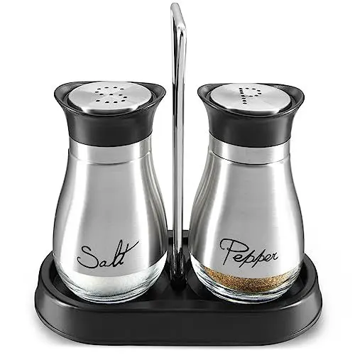 Produktbild: Juvale Pfeffer- und Salzstreuer-Set Salt, Pepper aus Glas und Edelstahl Inklusive Halter mit Tragegriff, je 113 g