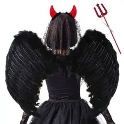 Produktbild: Juxtaposia Halloween Flügel Schwarz,45CM Engelsflügel Schwarz mit Teufel Horn Rot,Schwarzer Engel Kostüm Mädchen,Dunkler Engel Kostüm,Teufels Flügel Helloween,Engel und Teufel Flügel Kostüm Damen