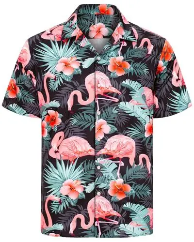 Produktbild: J.VER Hawaiihemd Männer Funky Blumen Flamingo Kurzarmhemd Freizeit Regular Fit Hemden für Urlaub Surfer Urlaub Party Schwarze Blume L