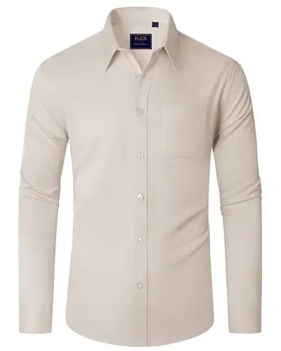 Produktbild: J.VER Herren Hemd Regular Fit Langarm Herrenhemden Beige Freizeithemd Bügelfrei Anzughemd Stretch Hochzeit Oberhemden,M