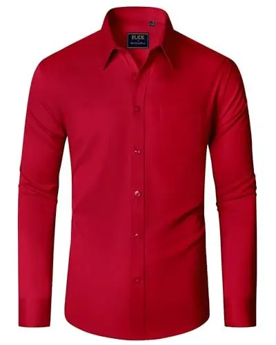 Produktbild: J.VER Hemd Rot Herren Businesshemd Langarm Bügelfrei Men's Casual Shirts Klassisch Regular Fit Herrenhemden L