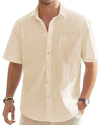 Produktbild: J.VER Herren Casual Plain Langarm Baumwolle Leinen Knopf Kentkragen Shirts Tops Kurzarmhemd Einfarbig Basic Shirt for Männer,Beige,L